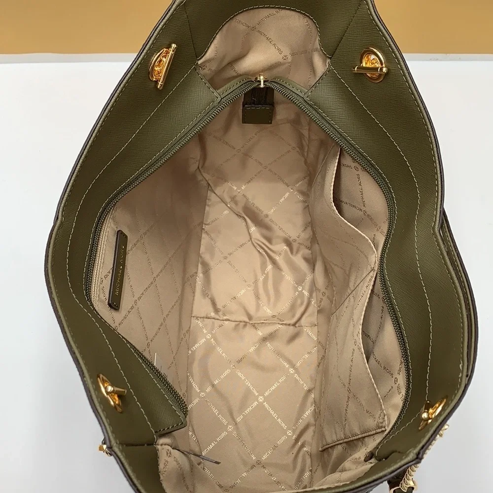MICHAEL KORS Jet Set Large XChain Logo Shoulder Tote Bag OLIVE/BROWN COLOR